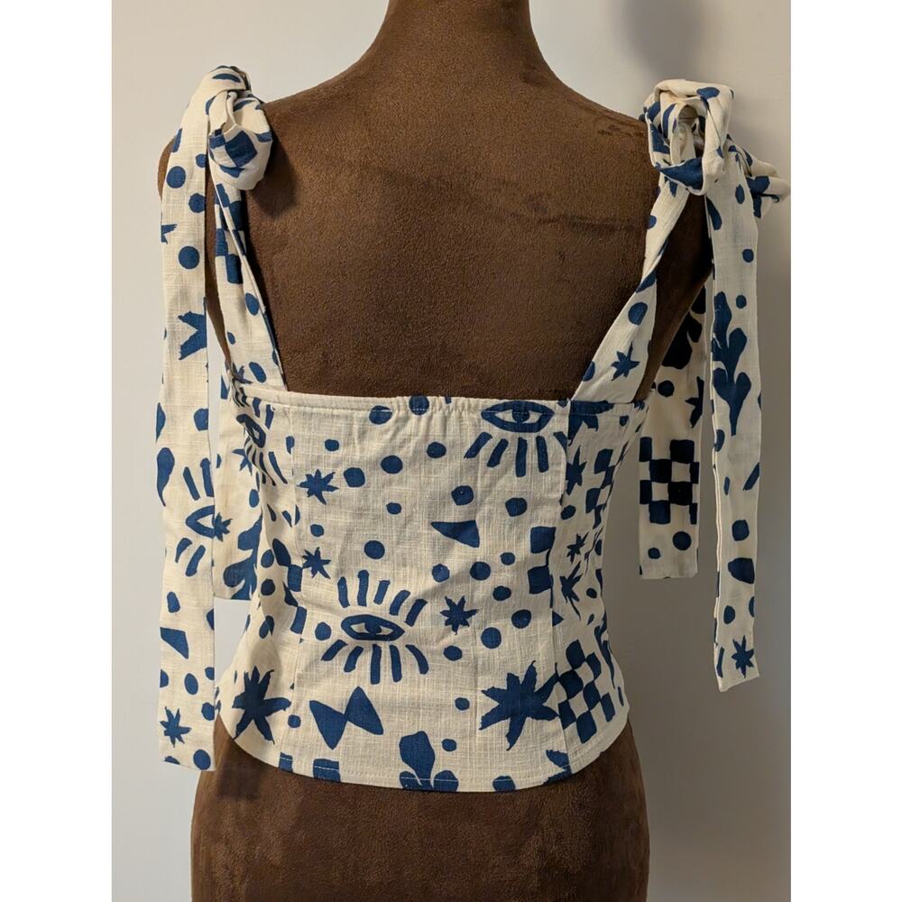 VRG GRL Salty Hair Tie Top Linen Blue Cream Print Sz 6 (Runs Small!) - Picture 4 of 9